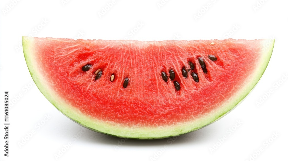 Fresh ripe watermelon slice on white background showcasing vibrant red flesh and dark seeds perfect for summer food themes. Fresh ripe watermelon slice on white background showcasing vibrant red flesh and dark seeds perfect for summer food themes.