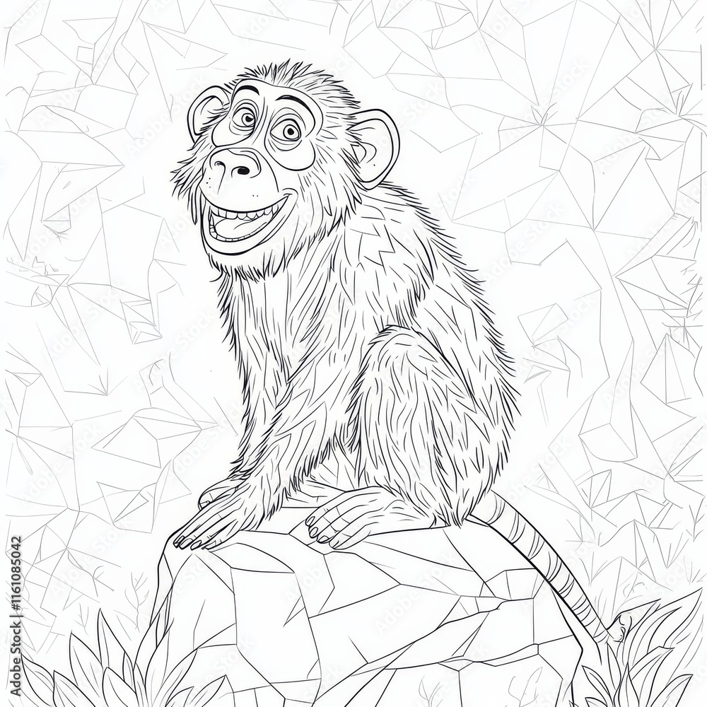Fototapeta premium Cheerful Jungle Monkey: A playful and charming monkey sits on a rock, surrounded by lush foliage, in a detailed line art illustration perfect for coloring books, nature-themed projects.