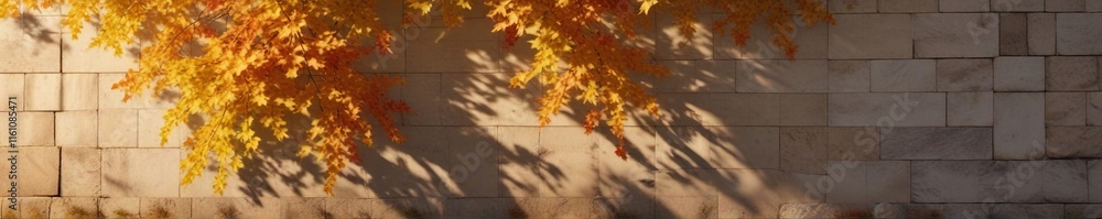 Fototapeta premium Warm golden light falls on a wall with the shadow of fallen maple tree leaves , warm, fall colors, light