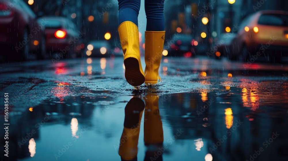 Fototapeta premium Colorful street scene with person in yellow rain boots splashing through puddles on a rainy day reflecting city lights and vibrant colors