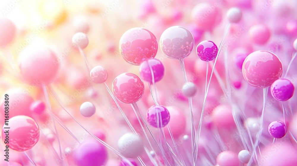 Abstract pastel pink and white spheres on thin stems, bright background. Abstract pastel pink and white spheres on thin stems, bright background.