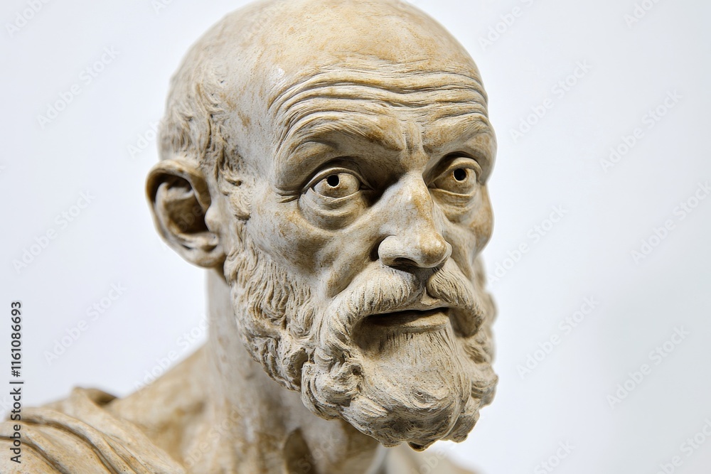 Close-up of a detailed bust sculpture, showcasing an elderly man's thoughtful expression. Close-up of a detailed bust sculpture, showcasing an elderly man's thoughtful expression.