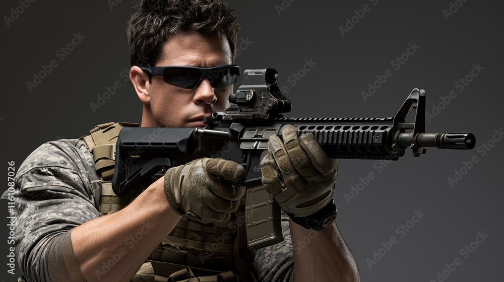 A soldier in combat gear with an assault rifle, standing ready for duty. A soldier in combat gear with an assault rifle, standing ready for duty.