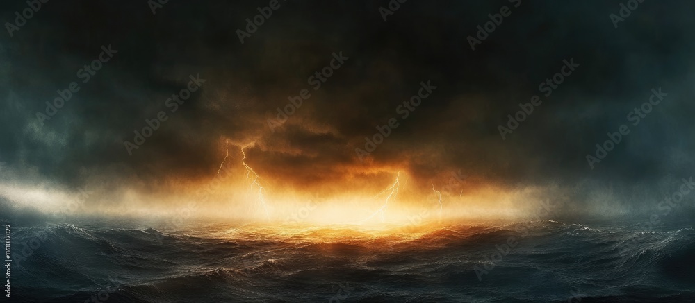 Fototapeta premium Dramatic Lightning Over Dark Clouds and Ocean Waves Atmospheric Scene with Space for Text