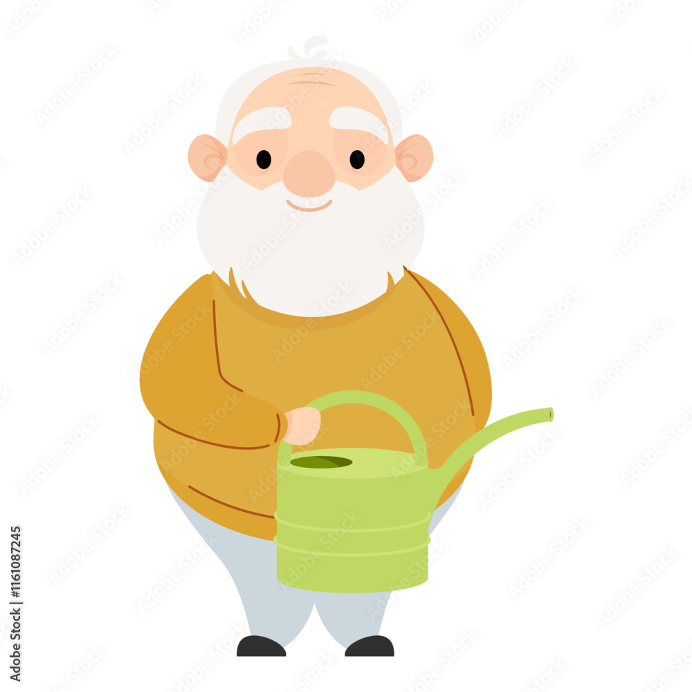 Pensioner elderly man with a green watering can in his hands Pensioner elderly man with a green watering can in his hands