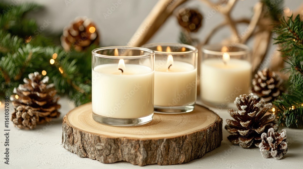 Serene Votive Candles on Rustic Wood Slice Surrounded by Pine Cones and Holiday Greens for Festive Celebrations Serene Votive Candles on Rustic Wood Slice Surrounded by Pine Cones and Holiday Greens for Festive Celebrations