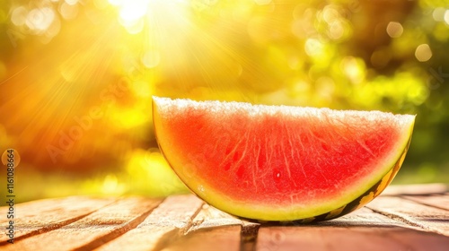 Ripe watermelon slice on wooden table illuminated by sunlight with soft bokeh background in a vibrant summer setting photo