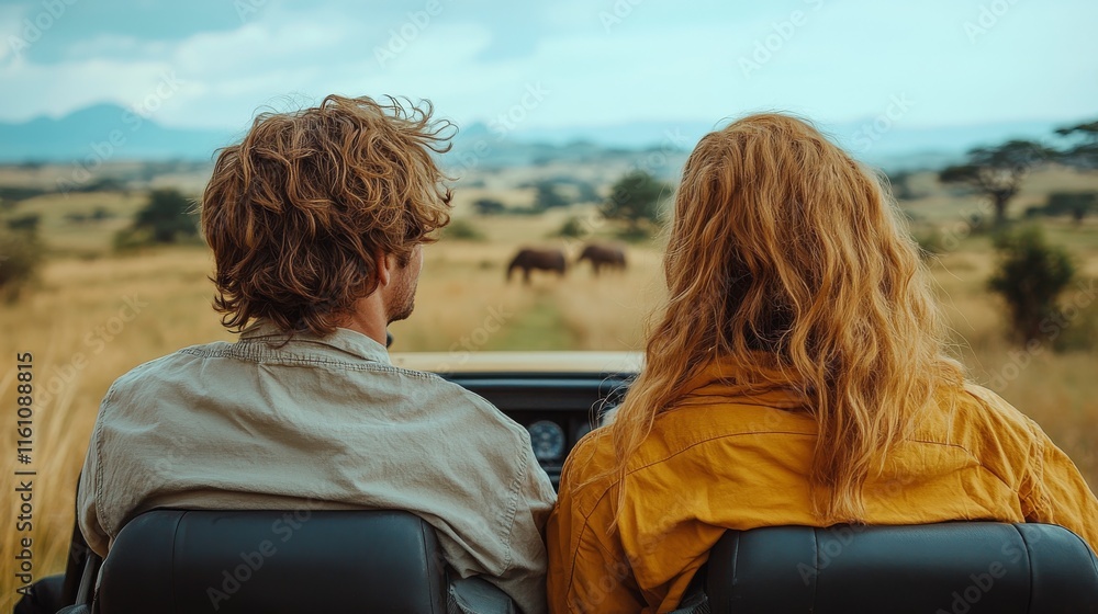 Fototapeta premium Couple observing wildlife from a safari vehicle in a scenic savanna setting during a sunny day
