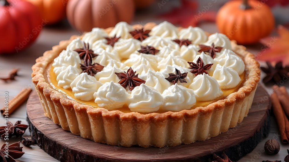 Delicious Autumn Pumpkin Pie with Whipped Cream on a Rustic Wooden Table Display Delicious Autumn Pumpkin Pie with Whipped Cream on a Rustic Wooden Table Display