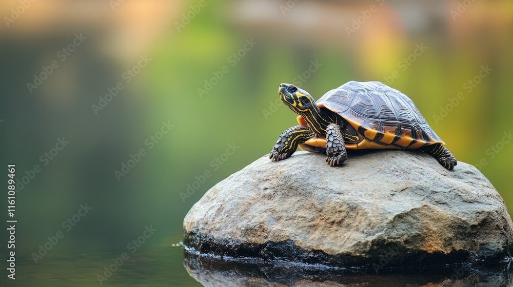 Obraz premium Serene Tortoise Resting on a Rock by Tranquil Water Highlighting Nature's Harmony and Sustainability