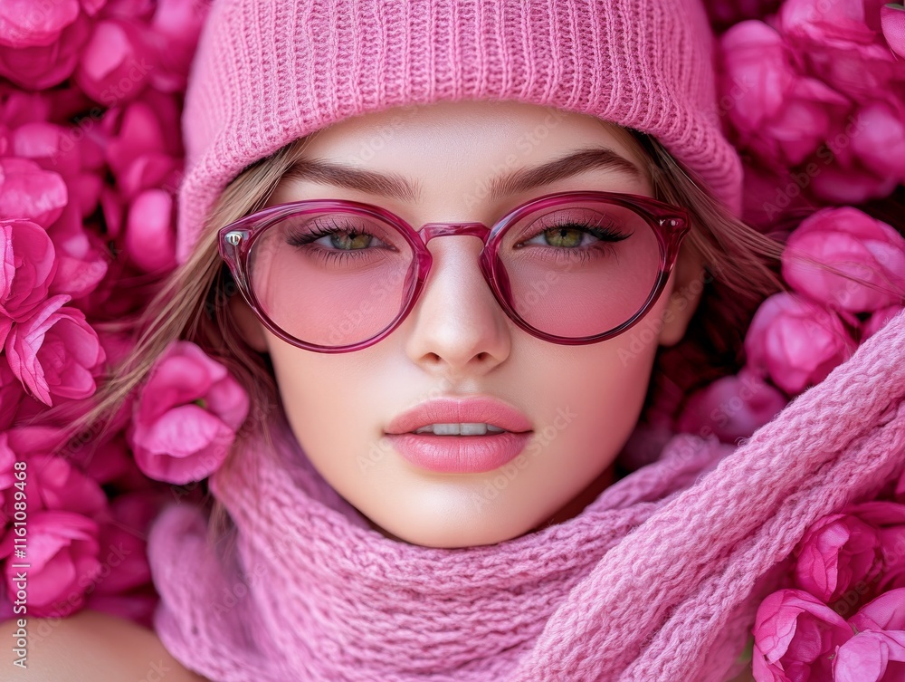 A woman with pink sunglasses and a knit hat surrounded by pink flowers. A woman with pink sunglasses and a knit hat surrounded by pink flowers.