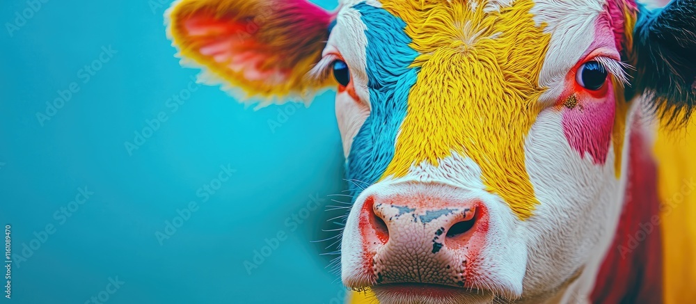 Obraz premium Colorful close-up portrait of a painted cow with vibrant background suitable for text illustration at a fair or livestock event