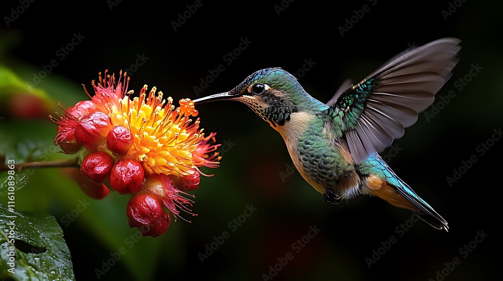 Fototapeta premium Vibrant hummingbird in flight, feeding from a bright orange and red flower against a dark background.