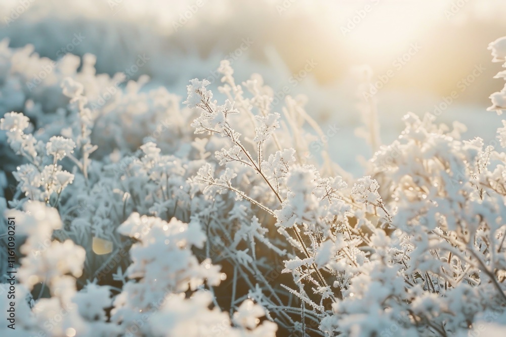 Field of white flowers covered in frost. The sun is shining on the flowers, creating a beautiful and serene scene Field of white flowers covered in frost. The sun is shining on the flowers, creating a beautiful and serene scene