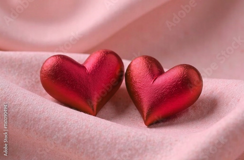 Two shiny red heart shapes resting on soft pink fabric, symbolizing love and romance,
