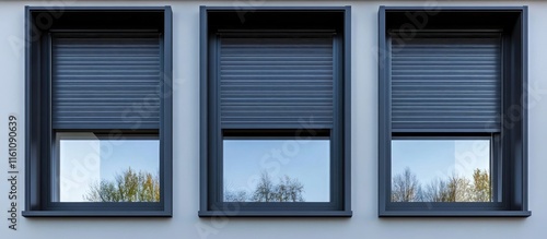 Window frames with double glazed windows and external blinds installation for modern condo design with space for promotional text photo