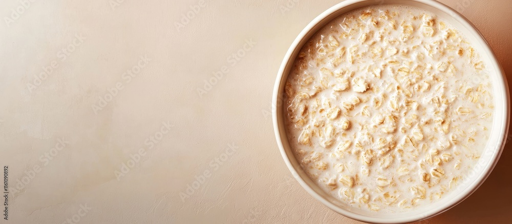 Bowl of creamy oatmeal on a neutral backdrop with plenty of space for text or a promotional message about healthy breakfast options Bowl of creamy oatmeal on a neutral backdrop with plenty of space for text or a promotional message about healthy breakfast options