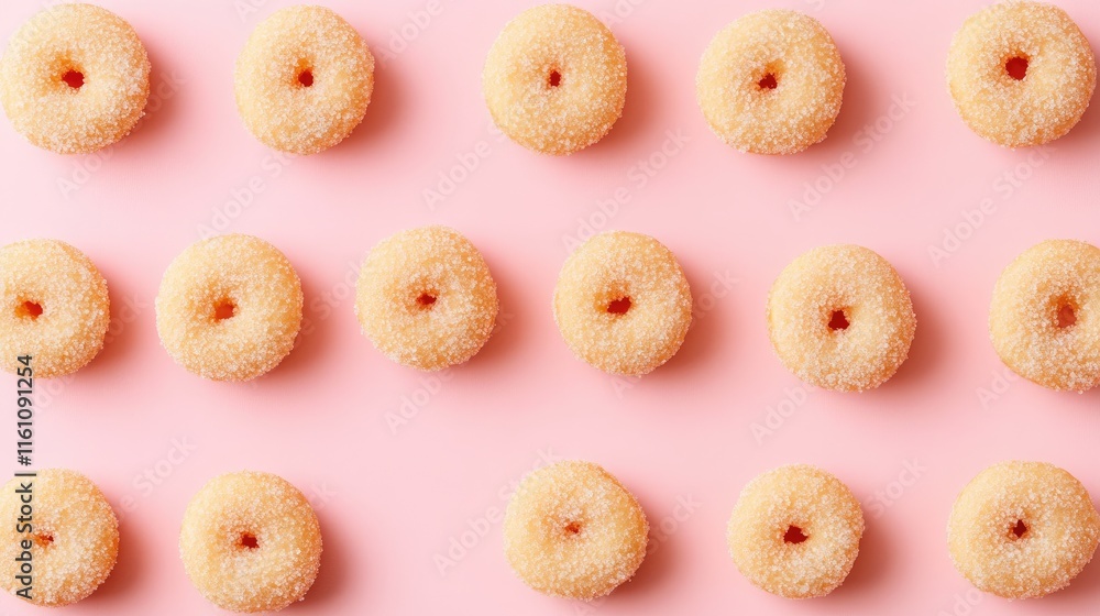 Mini Donut Pattern on Pastel Pink Background Minimalist Food Concept Top View with Negative Space for Design and Advertising Use Mini Donut Pattern on Pastel Pink Background Minimalist Food Concept Top View with Negative Space for Design and Advertising Use