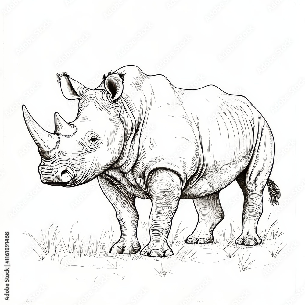Obraz premium Rhino Line Drawing: A detailed line drawing of a rhinoceros in a natural setting, showcasing the majestic creature's strength and presence.