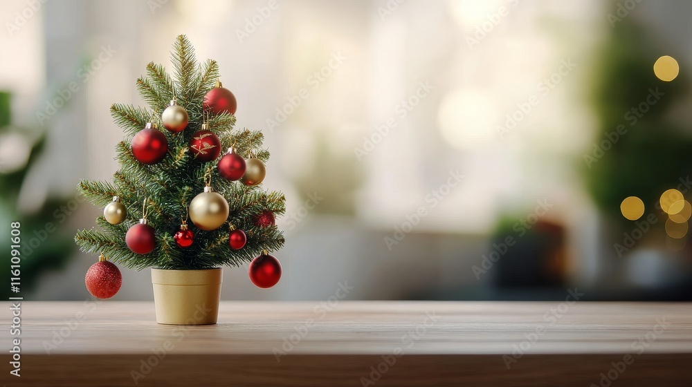 Festive Mini Christmas Tree - A small potted Christmas tree decorated with red and gold ornaments, symbolizing joy, celebration, winter, festivity, and tradition. Festive Mini Christmas Tree - A small potted Christmas tree decorated with red and gold ornaments, symbolizing joy, celebration, winter, festivity, and tradition.