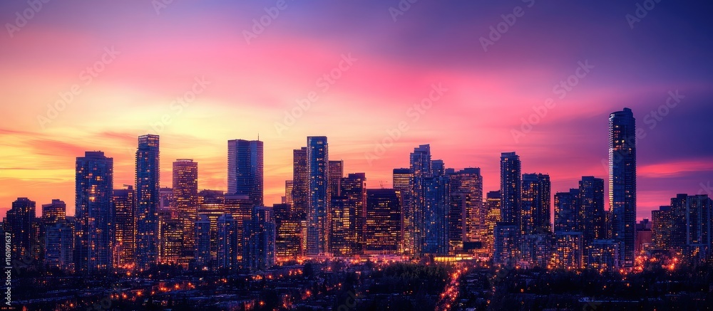 Fototapeta premium Stunning City Skyline at Sunset Featuring Illuminated Buildings and Blank Space for Text Overlay