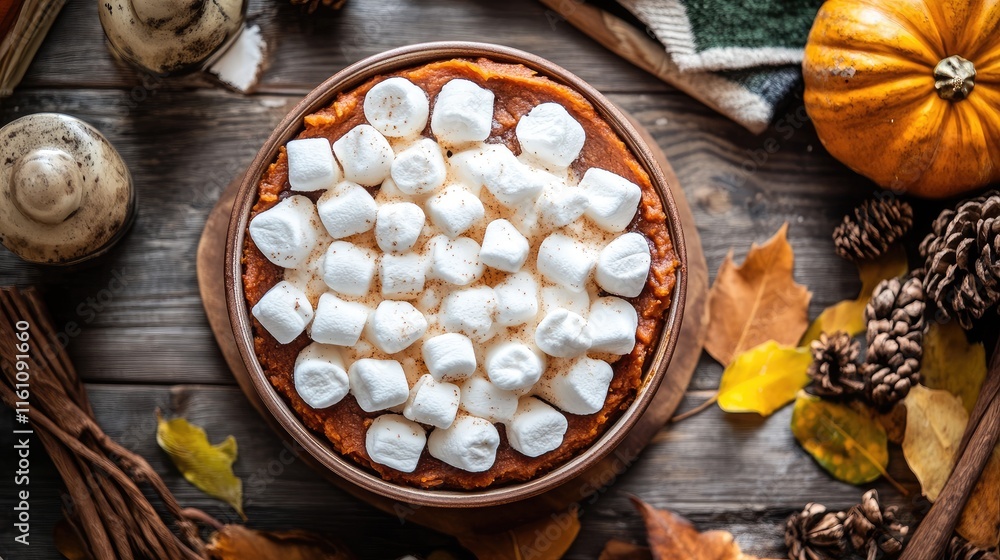 Delicious sweet potato casserole with marshmallow topping surrounded by autumn decor and seasonal elements Delicious sweet potato casserole with marshmallow topping surrounded by autumn decor and seasonal elements