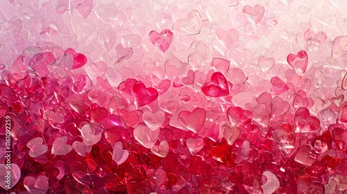 Multicolored Heart background. Valentine Wallpaper with Pink, Red Glass and Red Metallic love hearts. 3D Render
