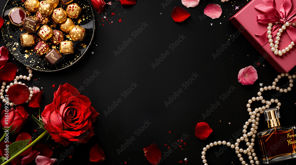 Valentine's Day, love concept. Mock up frame made of confetti, heart symbol accessories, sweets, postcards on Colourful background. Flat lay, top view Valentine's Day, love concept. Mock up frame made of confetti, heart symbol accessories, sweets, postcards on Colourful background. Flat lay, top view