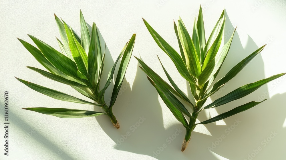 Fototapeta premium Soft green yucca plants casting shadows on a light background showcasing a minimalist fresh aesthetic in a top view composition