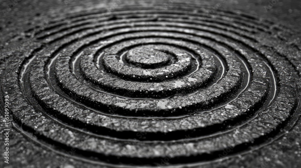 Naklejka premium Raindrops Creating Concentric Circles on Wet Ground in Black and White Artistic Texture