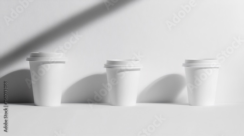 Three Blank White Coffee Cups in a Row, Minimalist Style Photography