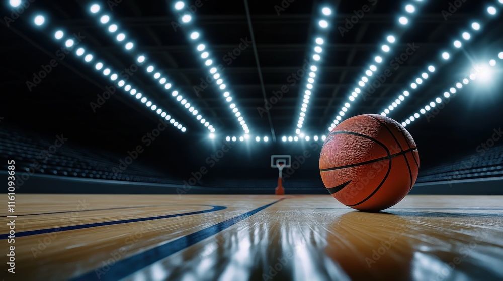 Basketball Bounces on Illuminated Court, Enhanced by Dramatic Shadows and Vibrant Stadium Lights Basketball Bounces on Illuminated Court, Enhanced by Dramatic Shadows and Vibrant Stadium Lights
