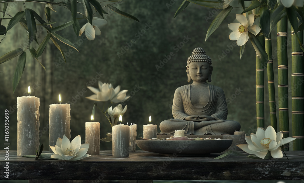 Serenity abounds in a tranquil Zen garden with a Buddha, bamboo, flowers and water around carefully placed stones for relaxation and well-being. Serenity abounds in a tranquil Zen garden with a Buddha, bamboo, flowers and water around carefully placed stones for relaxation and well-being.