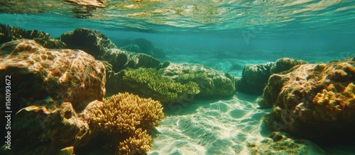 Fototapeta Naklejka Na Ścianę i Meble -  Vibrant underwater coral and green rock formations in clear tropical waters with ample space for text and design elements