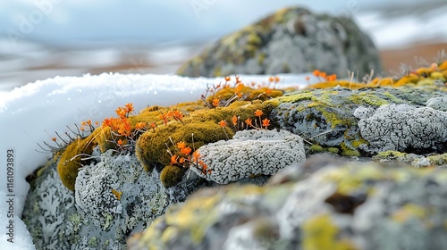 The tundra is a vast, treeless biome found in the coldest regions of the world, including the Arctic and high mountain tops. Characterized by permafrost, the ground remains frozen year-round, preventi photo