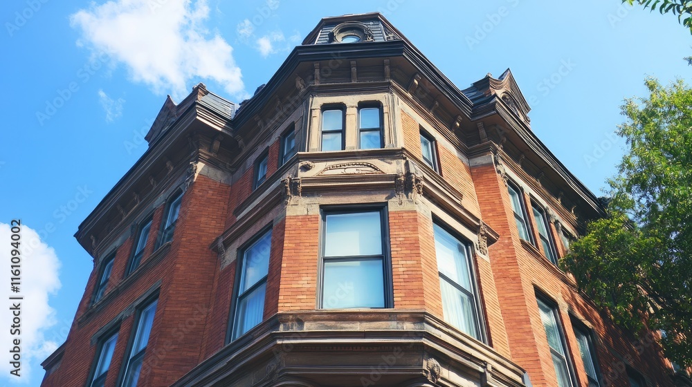 Fototapeta premium Brick House Corner Against Blue Sky Architectural Detail with Empty Copyspace
