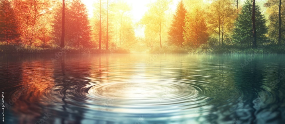 Fototapeta premium Tranquil Forest Reflection with Colorful Hues and Calm Water Creating a Serene Atmosphere Ideal for Nature Themes and Text Placement