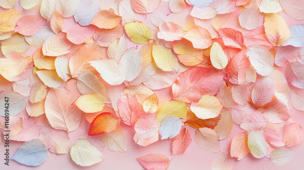 Fototapeta premium Soft pastel background adorned with delicate scattered autumn leaves in soft hues of peach yellow and cream