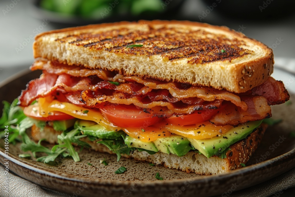 Gourmet sandwich with crispy bacon, cheese, tomato, and avocado on a rustic plate Gourmet sandwich with crispy bacon, cheese, tomato, and avocado on a rustic plate