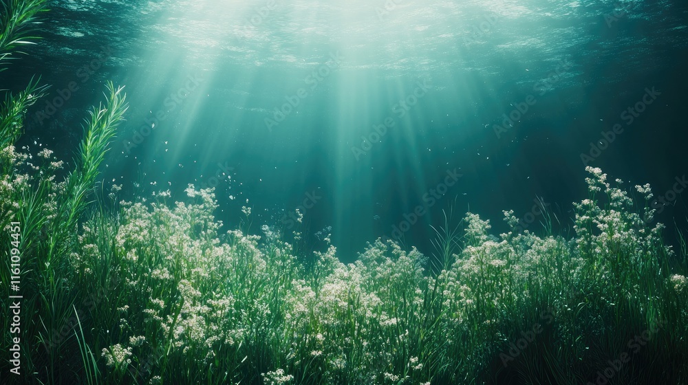 Obraz premium Serene underwater landscape with light rays illuminating vibrant aquatic vegetation and flowers creating a dreamlike atmosphere