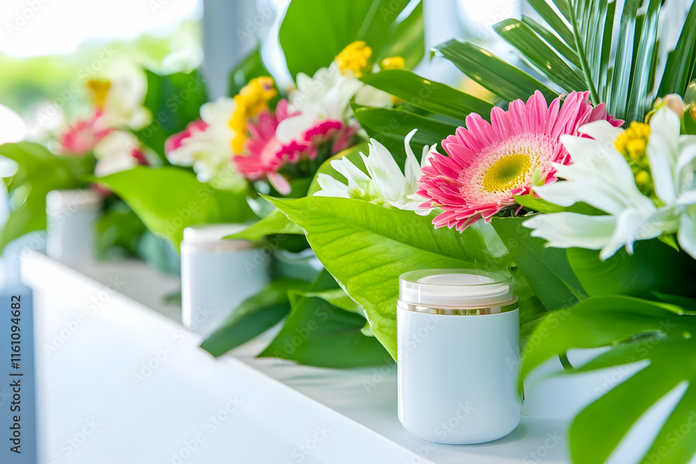 Fototapeta premium Fresh flowers and lush greenery create a vibrant setting, enhancing indoor ambiance with charm