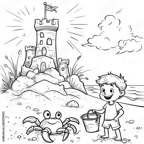 Sandy Shores Castle: A cheerful boy builds a majestic sandcastle on a sunny beach, befriending a friendly crab. A charming illustration perfect for children's books, summer themes. photo