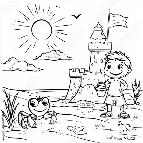 Sandcastle Dreams: A cheerful boy, with a bucket and shovel in hand, stands beside a majestic sandcastle he built on the beach. A friendly crab scuttles by, adding to the playful scene. photo