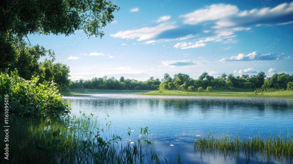 Fototapeta premium Tranquil River Scene with Water Splash and Lush Greenery under a Clear Blue Sky