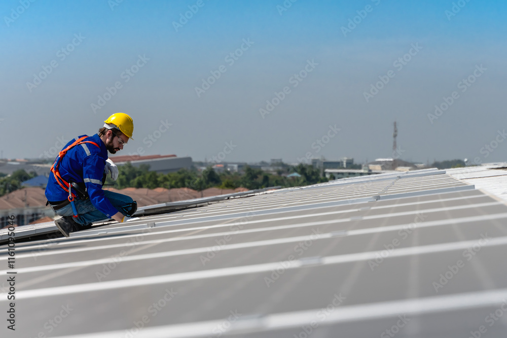 Solar engineer man install solar panels on building roof Solar engineer man install solar panels on building roof