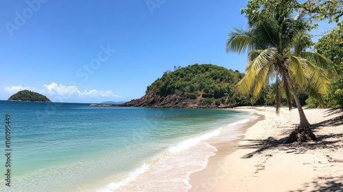Tranquil tropical beach with palm trees and serene turquoise water under a bright blue sky creating a perfect vacation paradise.