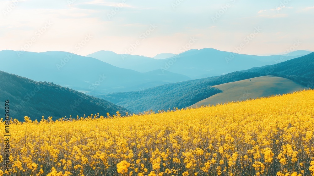 Obraz premium Vibrant Yellow Flower Field Against Serene Mountain Landscape Under a Clear Sky