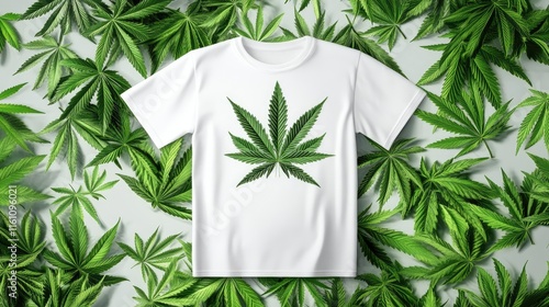 Cannabis themed white t-shirt mockup with leaf pattern background for fashion marketing and design projects photo