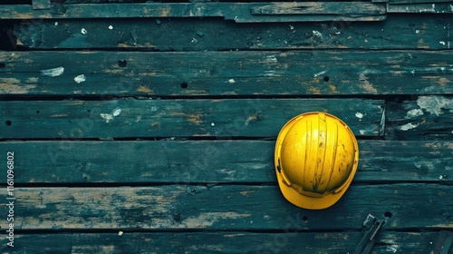 Yellow Construction Hard Hat Resting on Weathered Wooden Planks Background photo