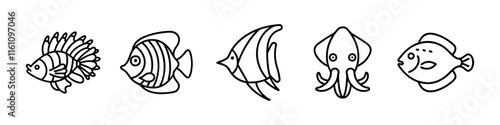 Line Icons of Tropical and Reef Fish - Minimalistic line icons featuring tropical and reef fish, including lionfish, angelfish, squid, and other colorful marine species, ideal for aquatic themes.